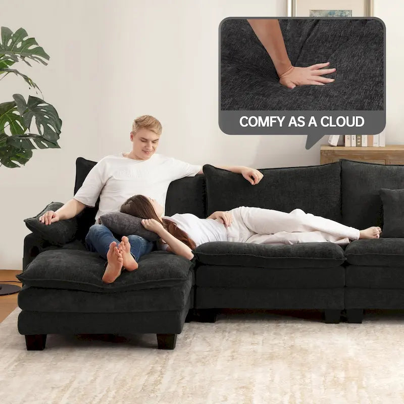 Set di mobili per soggiorno, Set divano componibile modulare con pouf per soggiorno, Divano convertibile