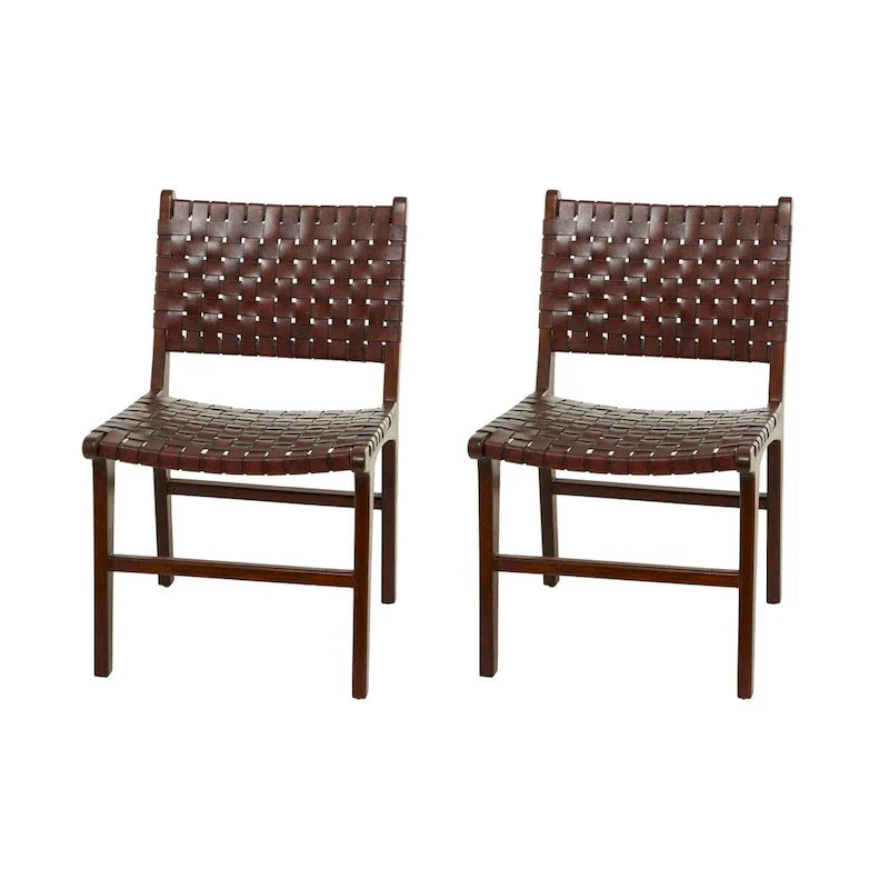 Sedie da Pranzo in Pelle Intrecciata Fatte a Mano con Struttura in Legno Teak - Set di 2 Marroni, Bianche o Nere - Roche River Decor