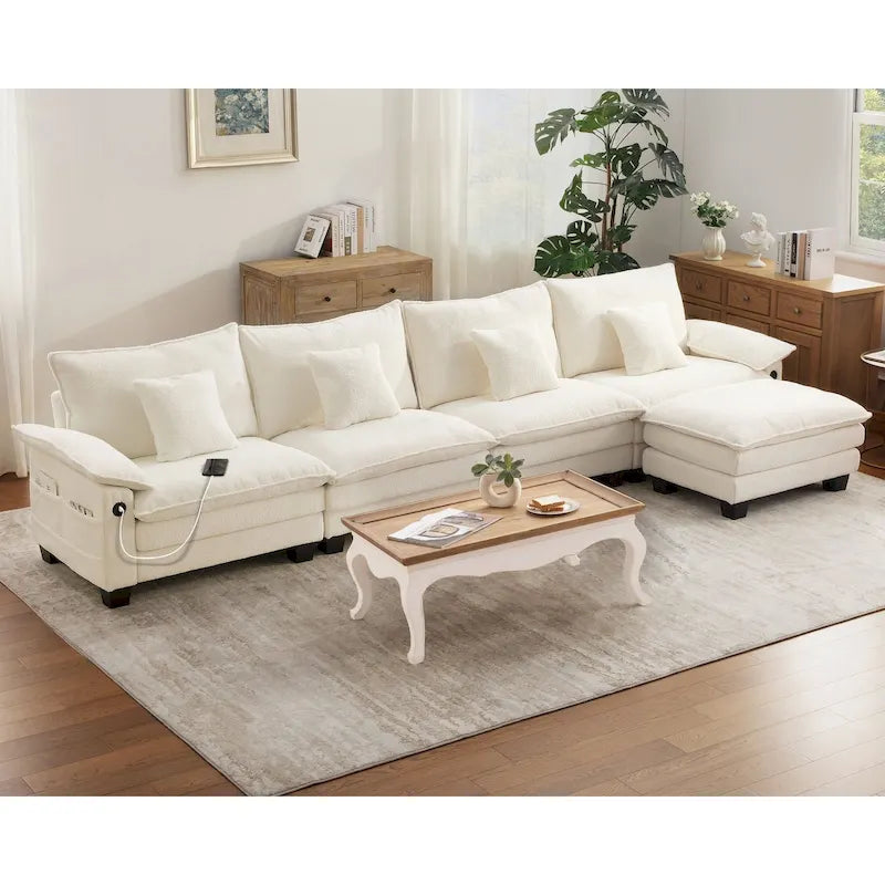 Set di mobili per soggiorno, Set divano componibile modulare con pouf per soggiorno, Divano convertibile