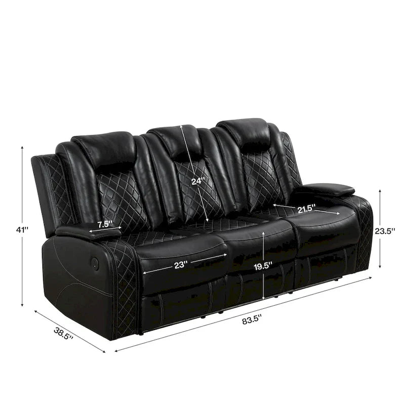 Divano Recliner Moderno in Pelle a 3 Posti con LED, Ricarica Wireless