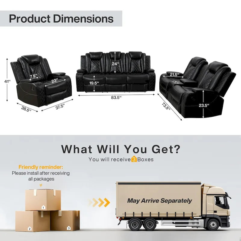 Divano Recliner Moderno in Pelle a 3 Posti con LED, Ricarica Wireless