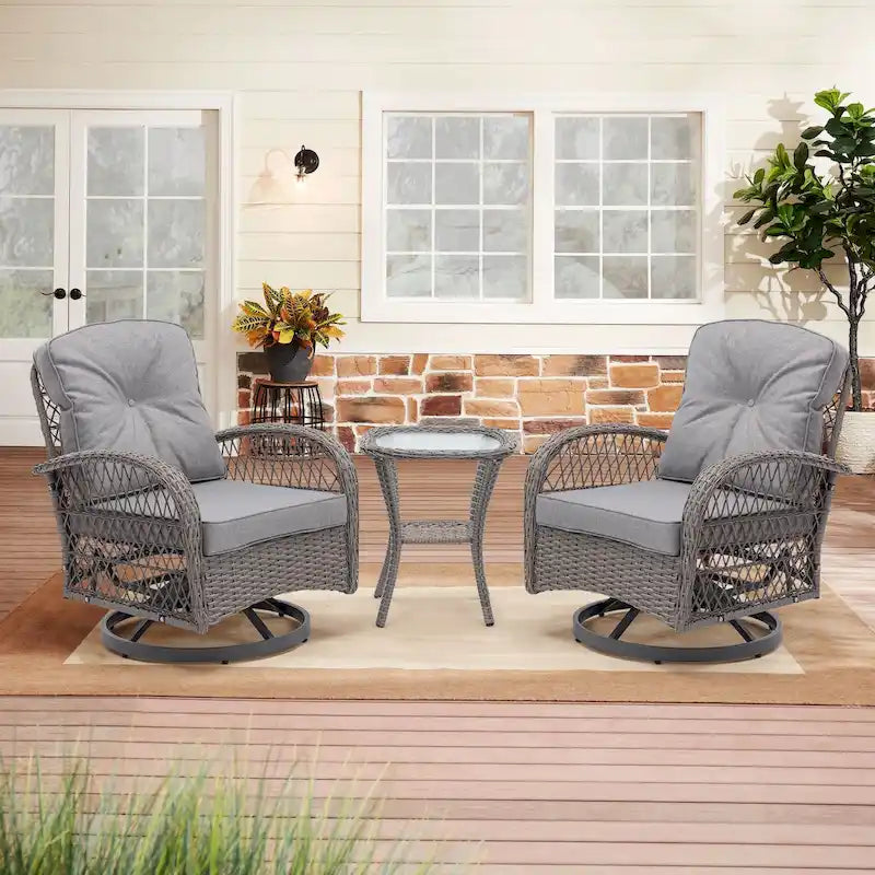 Set da 3 Poltrone da Esterno Girevoli e a Dondolo, Set Conversazione da Patio con Dondolo a 360 Gradi