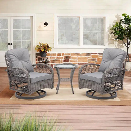 Set da 3 Poltrone da Esterno Girevoli e a Dondolo, Set Conversazione da Patio con Dondolo a 360 Gradi