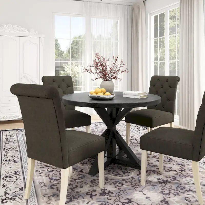 Set da pranzo da 5 pezzi, set di mobili da cucina in legno, tavolo rotondo con base a piedistallo incrociato e 4 sedie trapuntate