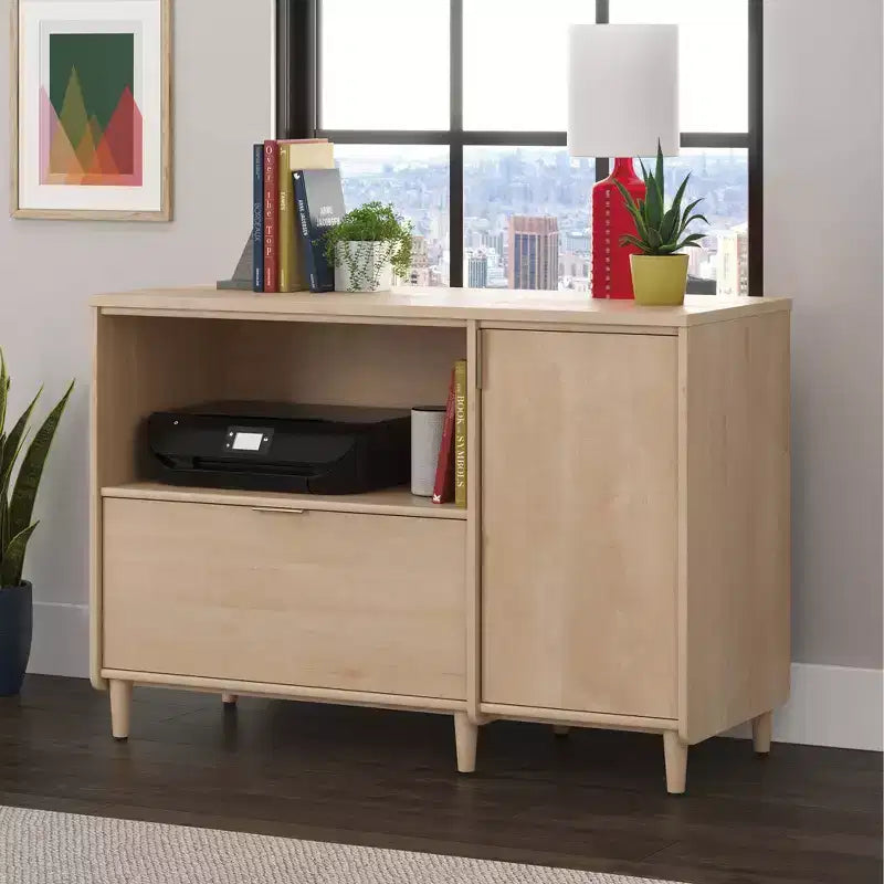 Credenza da ufficio Clifford Place in acero naturale - Sauder: Porta TV con ripiano regolabile e schedario