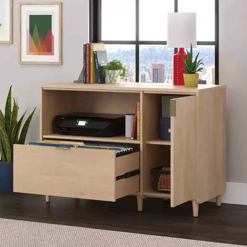 Credenza da ufficio Clifford Place in acero naturale - Sauder: Porta TV con ripiano regolabile e schedario