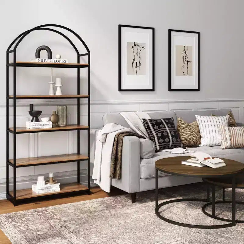 Libreria ad arco a 5 ripiani in legno e metallo Haven da 72", rovere riciclato/nero opaco - Nathan James