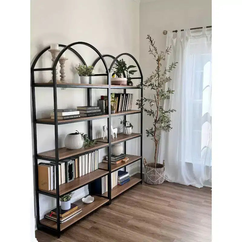 Libreria ad arco a 5 ripiani in legno e metallo Haven da 72", rovere riciclato/nero opaco - Nathan James