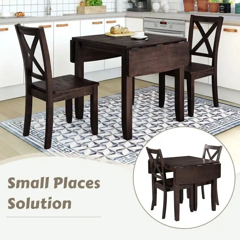 Set da Tavolo da Pranzo 3 Pezzi in Legno con Piano Ribaltabile e 2 Sedie a X per Piccoli Spazi