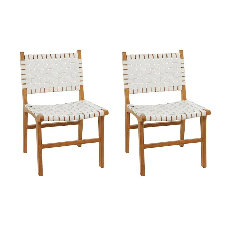 Sedie da Pranzo in Pelle Intrecciata Fatte a Mano con Struttura in Legno Teak - Set di 2 Marroni, Bianche o Nere - Roche River Decor