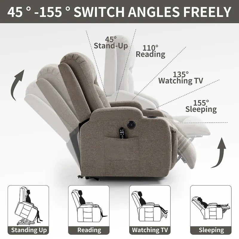 Poltrona reclinabile elettrica Lazy Boy Power Lift, moderna poltrona massaggiante a motore singolo con riscaldamento lombare, porta di ricarica USB, portabicchieri