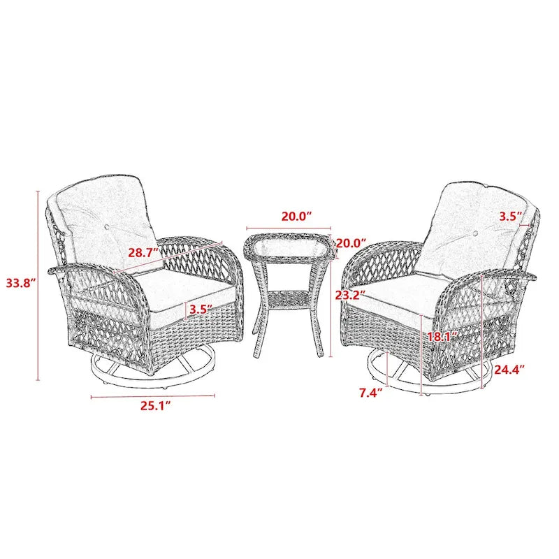 Set da 3 Poltrone da Esterno Girevoli e a Dondolo, Set Conversazione da Patio con Dondolo a 360 Gradi