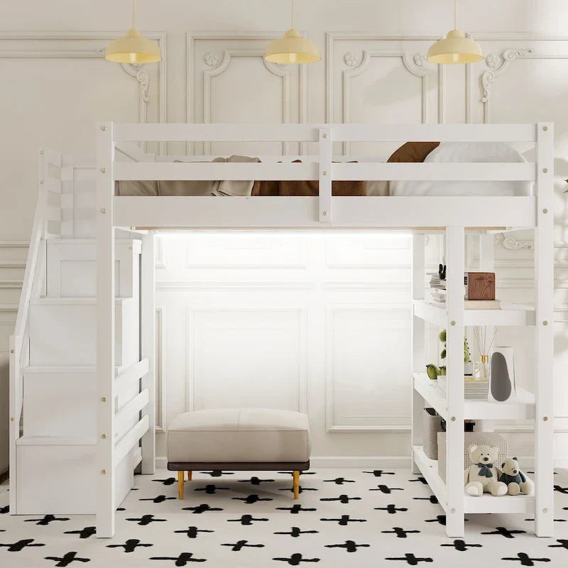 Letto a soppalco singolo/matrimoniale con scala contenitore - Ripiani, armadio e luce LED, design salvaspazio