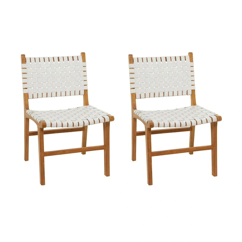 Sedie da Pranzo in Pelle Intrecciata Fatte a Mano con Struttura in Legno Teak - Set di 2 Marroni, Bianche o Nere - Roche River Decor