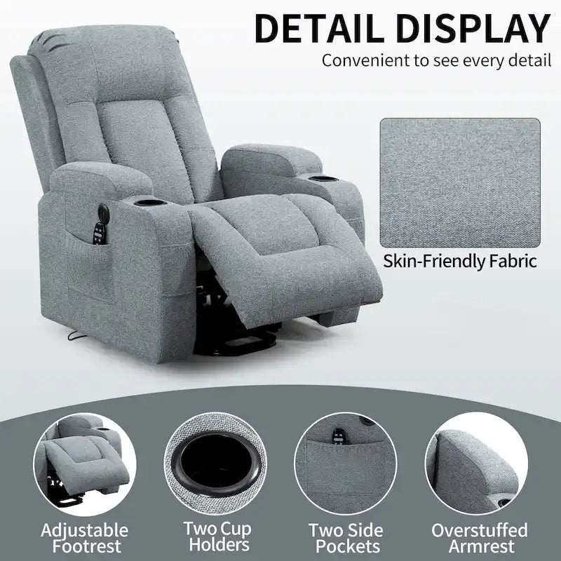 Poltrona reclinabile elettrica Lazy Boy Power Lift, moderna poltrona massaggiante a motore singolo con riscaldamento lombare, porta di ricarica USB, portabicchieri