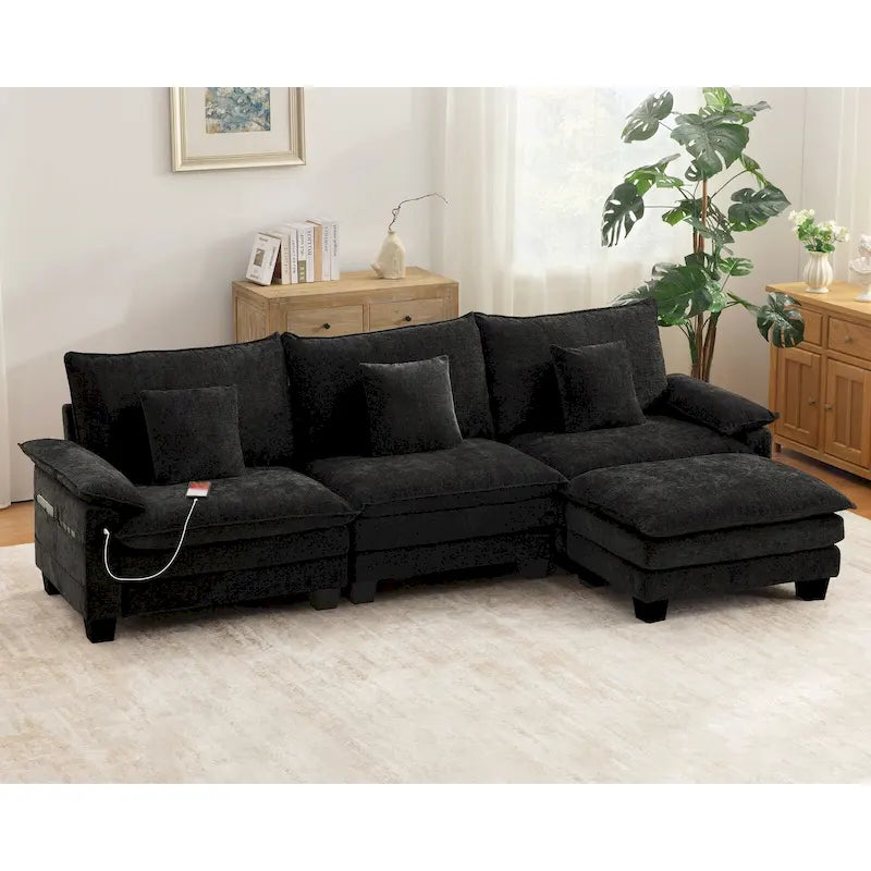 Set di mobili per soggiorno, Set divano componibile modulare con pouf per soggiorno, Divano convertibile