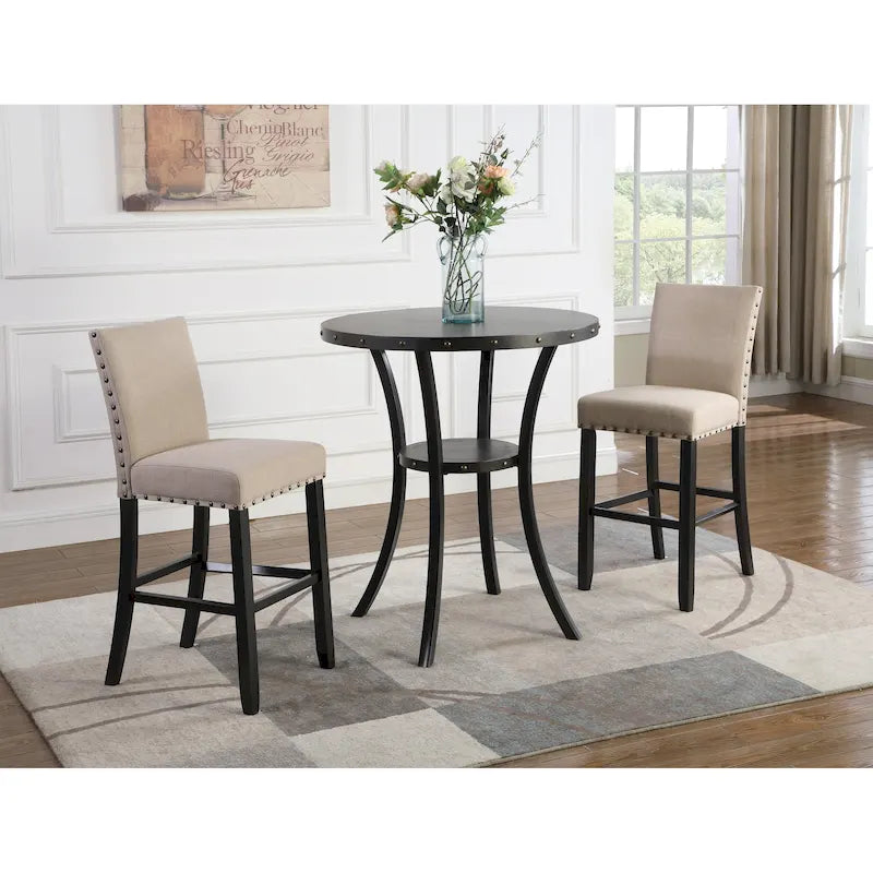 Set da pranzo in stile moderno da 3 pezzi con tavolo bar rotondo e 2 sedie da pub con borchie