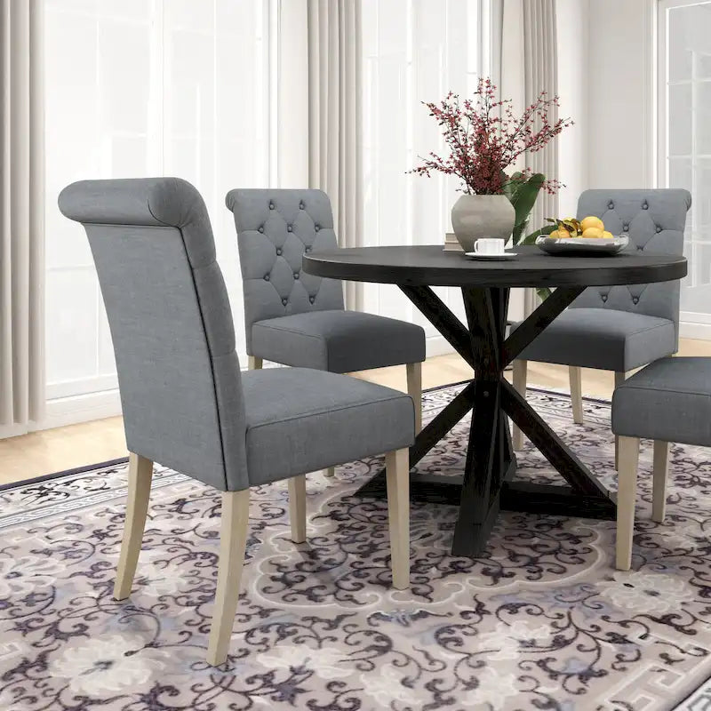 Set da pranzo da 5 pezzi, set di mobili da cucina in legno, tavolo rotondo con base a piedistallo incrociato e 4 sedie trapuntate