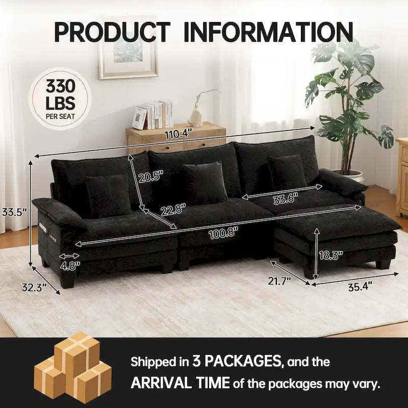 Set di mobili per soggiorno, Set divano componibile modulare con pouf per soggiorno, Divano convertibile