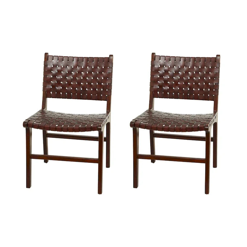 Sedie da Pranzo in Pelle Intrecciata Fatte a Mano con Struttura in Legno Teak - Set di 2 Marroni, Bianche o Nere - Roche River Decor