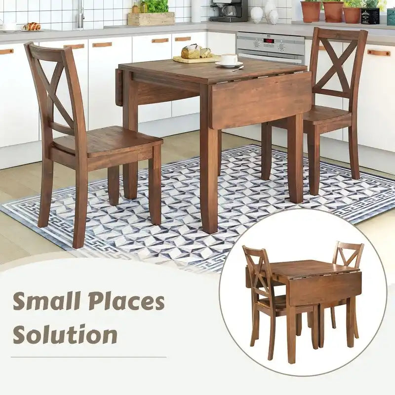 Set da Tavolo da Pranzo 3 Pezzi in Legno con Piano Ribaltabile e 2 Sedie a X per Piccoli Spazi