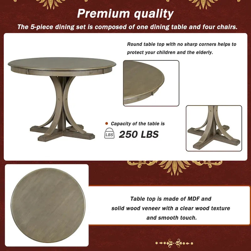 Set da pranzo retro in legno da 5 pezzi color tortora con tavolo a cavalletto curvo e 4 sedie