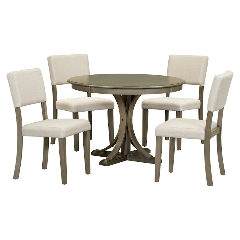 Set da pranzo retro in legno da 5 pezzi color tortora con tavolo a cavalletto curvo e 4 sedie