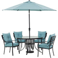 Hanover Lavallette Set da pranzo a 5 pezzi in blu oceano con 4 sedie fisse, tavolo rotondo da 52 pollici con ripiano in vetro, ombrellone e base