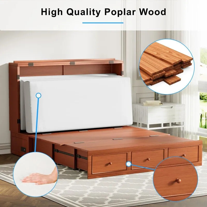 Mixoy Letto a scomparsa con materasso pieghevole, letto a cubo moderno con cassetto portaoggetti e stazione di ricarica USB