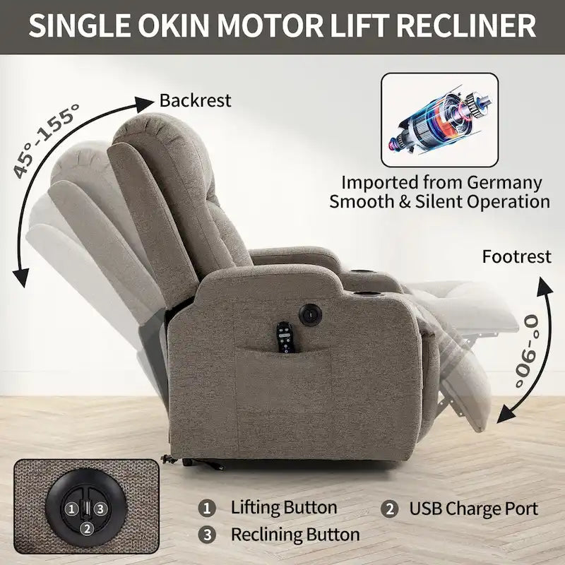 Poltrona reclinabile elettrica Lazy Boy Power Lift, moderna poltrona massaggiante a motore singolo con riscaldamento lombare, porta di ricarica USB, portabicchieri