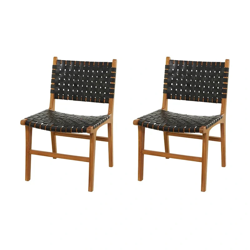 Sedie da Pranzo in Pelle Intrecciata Fatte a Mano con Struttura in Legno Teak - Set di 2 Marroni, Bianche o Nere - Roche River Decor