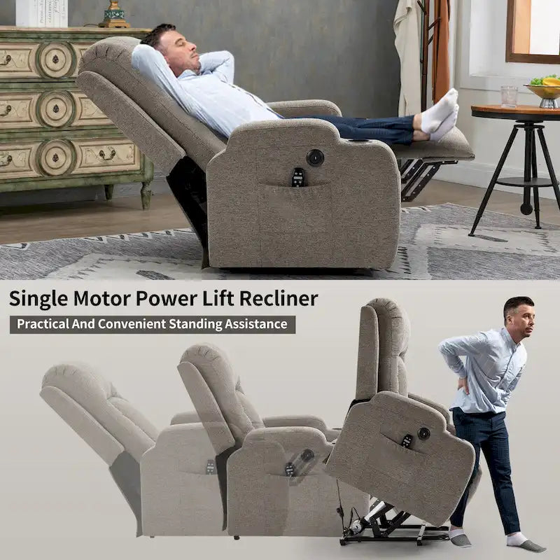 Poltrona reclinabile elettrica Lazy Boy Power Lift, moderna poltrona massaggiante a motore singolo con riscaldamento lombare, porta di ricarica USB, portabicchieri
