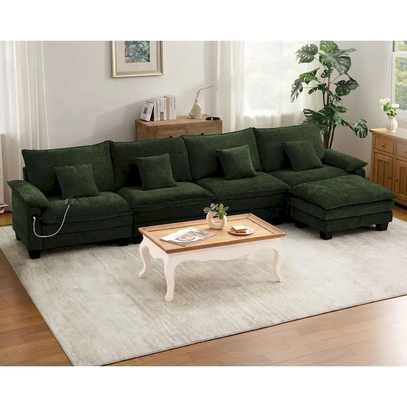 Set di mobili per soggiorno, Set divano componibile modulare con pouf per soggiorno, Divano convertibile