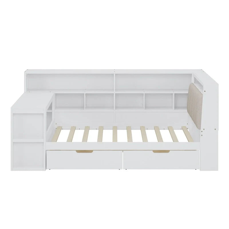 Divano Letto a "L" in Legno con Scrivania, Mobile Libreria, Letto Angolare con Cassetti Sottostanti, Testiera Imbottita con Luce Integrata