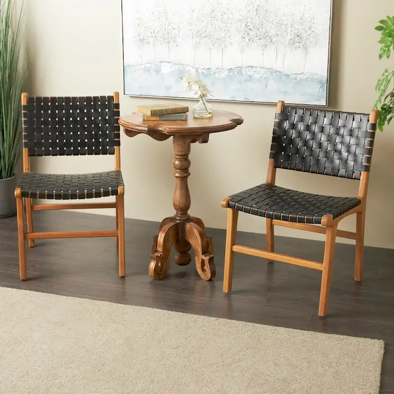 Sedie da Pranzo in Pelle Intrecciata Fatte a Mano con Struttura in Legno Teak - Set di 2 Marroni, Bianche o Nere - Roche River Decor