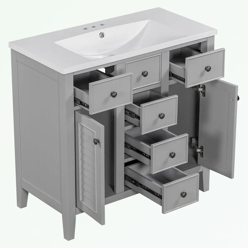 Mobile bagno con lavabo in ceramica, due ante e cinque cassetti
