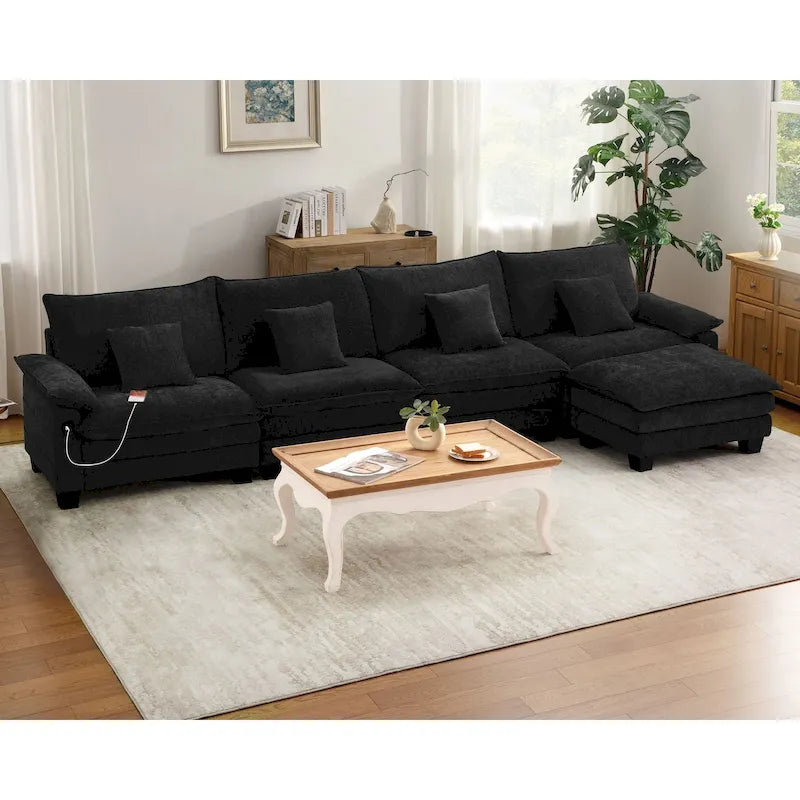 Set di mobili per soggiorno, Set divano componibile modulare con pouf per soggiorno, Divano convertibile