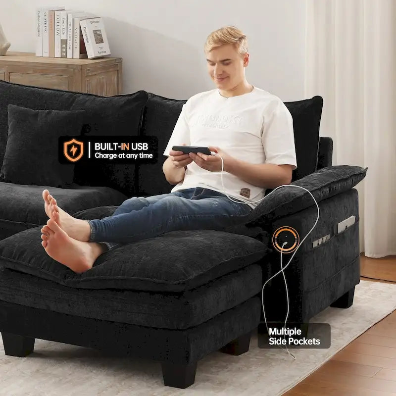 Set di mobili per soggiorno, Set divano componibile modulare con pouf per soggiorno, Divano convertibile