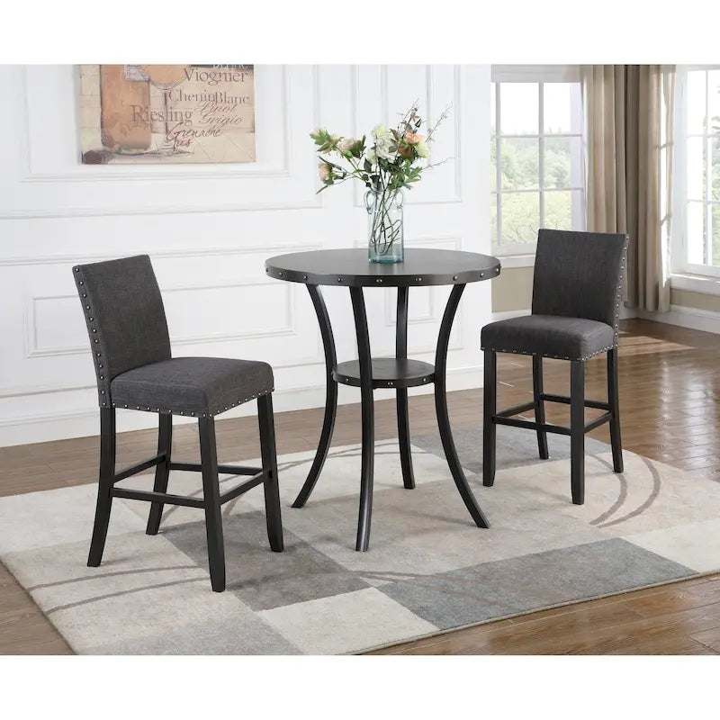 Set da pranzo in stile moderno da 3 pezzi con tavolo bar rotondo e 2 sedie da pub con borchie
