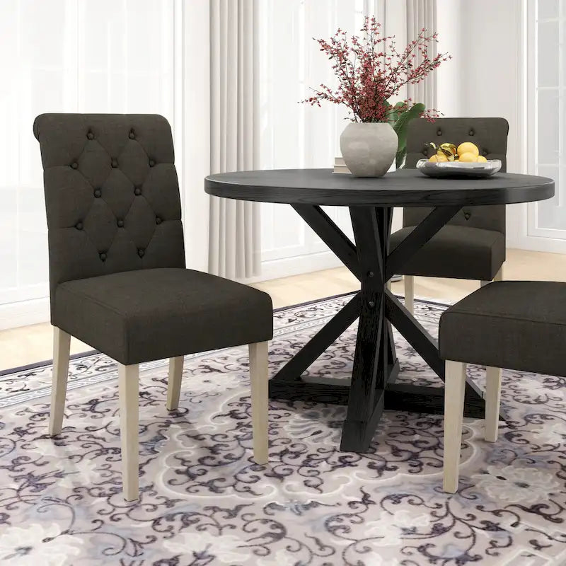 Set da pranzo da 5 pezzi, set di mobili da cucina in legno, tavolo rotondo con base a piedistallo incrociato e 4 sedie trapuntate