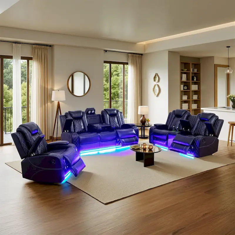 Divano Recliner Moderno in Pelle a 3 Posti con LED, Ricarica Wireless