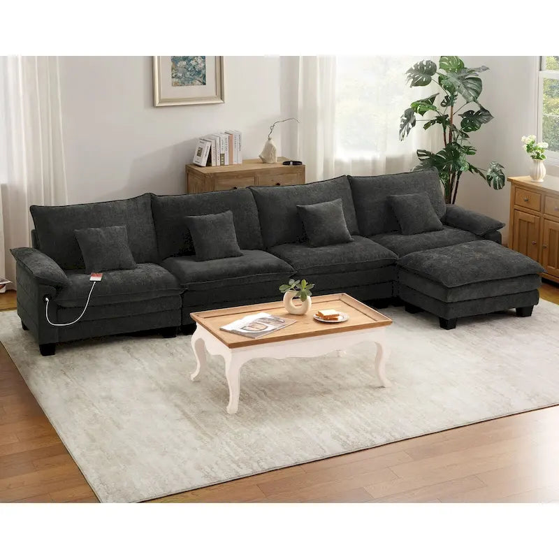 Set di mobili per soggiorno, Set divano componibile modulare con pouf per soggiorno, Divano convertibile