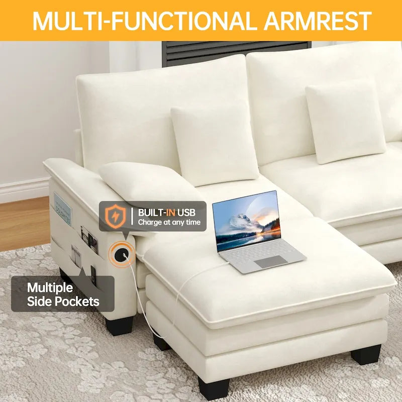 Set di mobili per soggiorno, Set divano componibile modulare con pouf per soggiorno, Divano convertibile