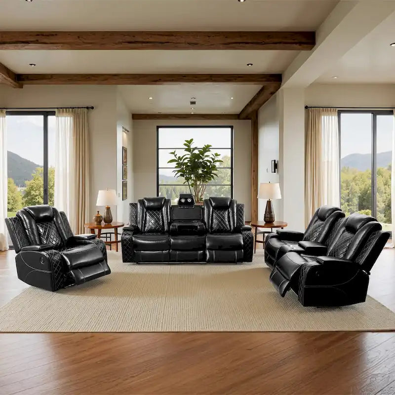 Divano Recliner Moderno in Pelle a 3 Posti con LED, Ricarica Wireless
