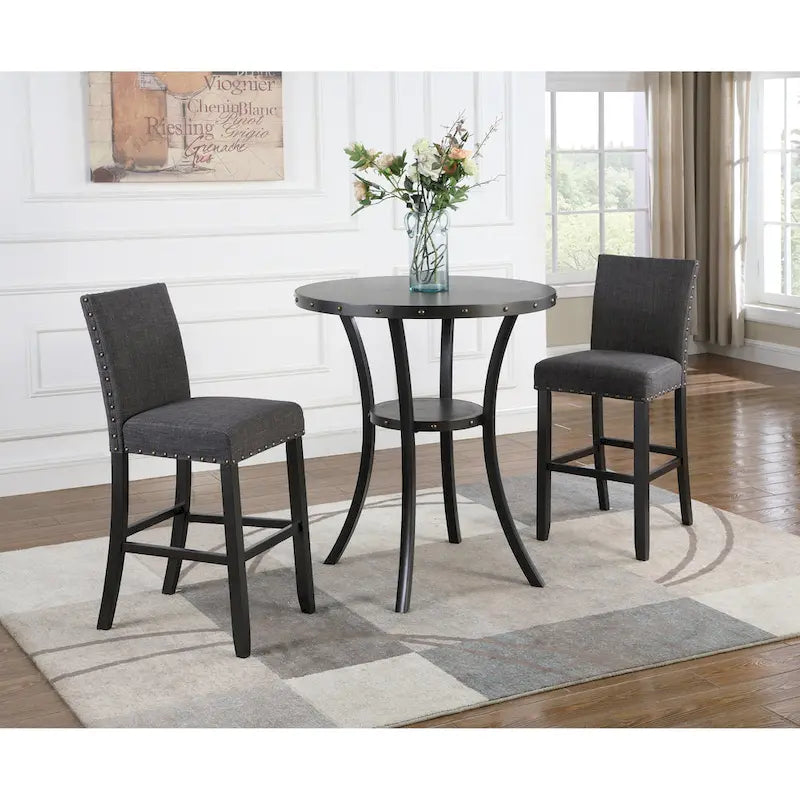 Set da pranzo in stile moderno da 3 pezzi con tavolo bar rotondo e 2 sedie da pub con borchie