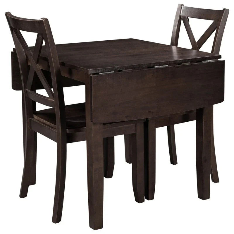 Set da Tavolo da Pranzo 3 Pezzi in Legno con Piano Ribaltabile e 2 Sedie a X per Piccoli Spazi