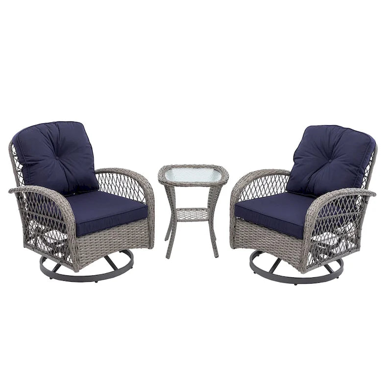 Set da 3 Poltrone da Esterno Girevoli e a Dondolo, Set Conversazione da Patio con Dondolo a 360 Gradi