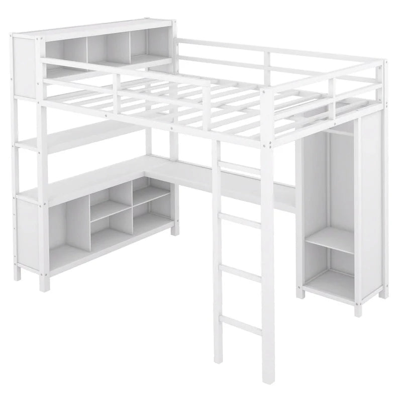 Letto a soppalco in metallo Off-White con scrivania e armadio - Matrimoniale