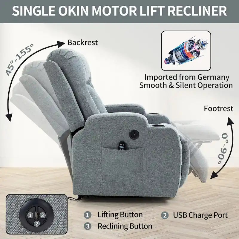 Poltrona reclinabile elettrica Lazy Boy Power Lift, moderna poltrona massaggiante a motore singolo con riscaldamento lombare, porta di ricarica USB, portabicchieri