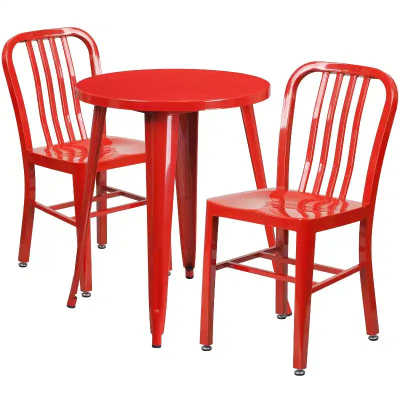 Flash Furniture Commercial Grade 24 Round Metal Indoor-Outdoor Table Set with 2 Vertical Slat Back Chairs